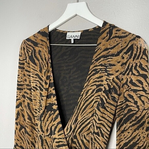 GANNI Tiger Print Brown Long Sleeve Wrap Dress - Picture 4 of 5
